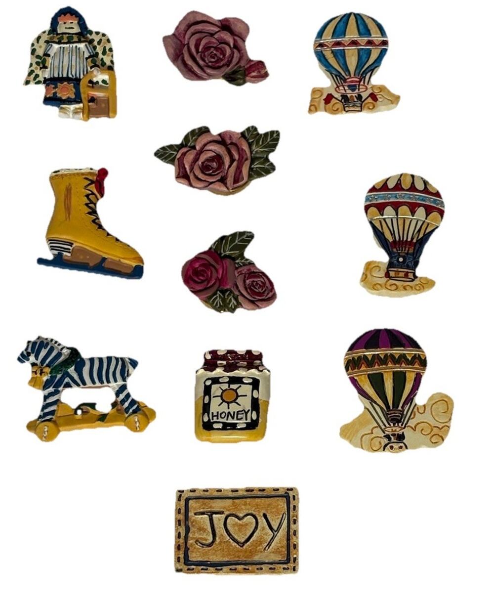Lot of 11 Novelty Button Covers Hot Air Balloon Roses Skate Zebra Jar of Honey